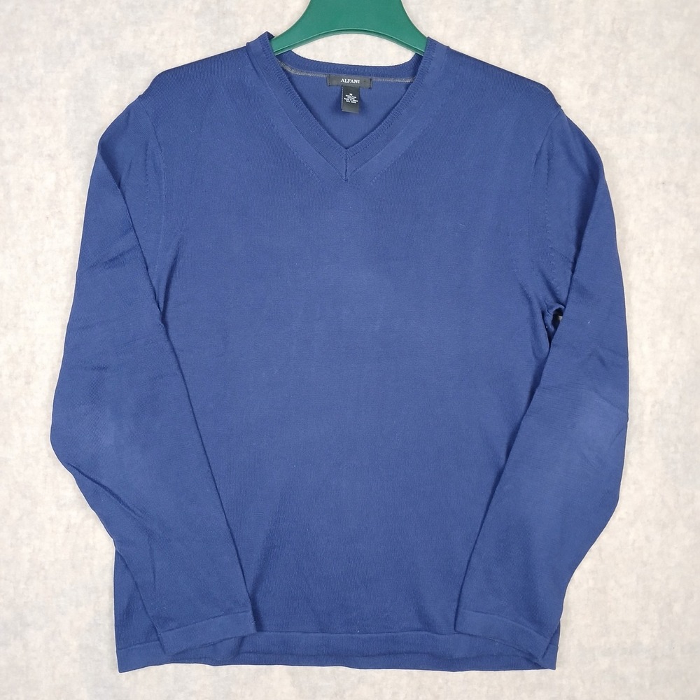 ALFANI Mens MED Navy Blue V Neck Knit Pullover Sweater Pima Cotton Lightweight